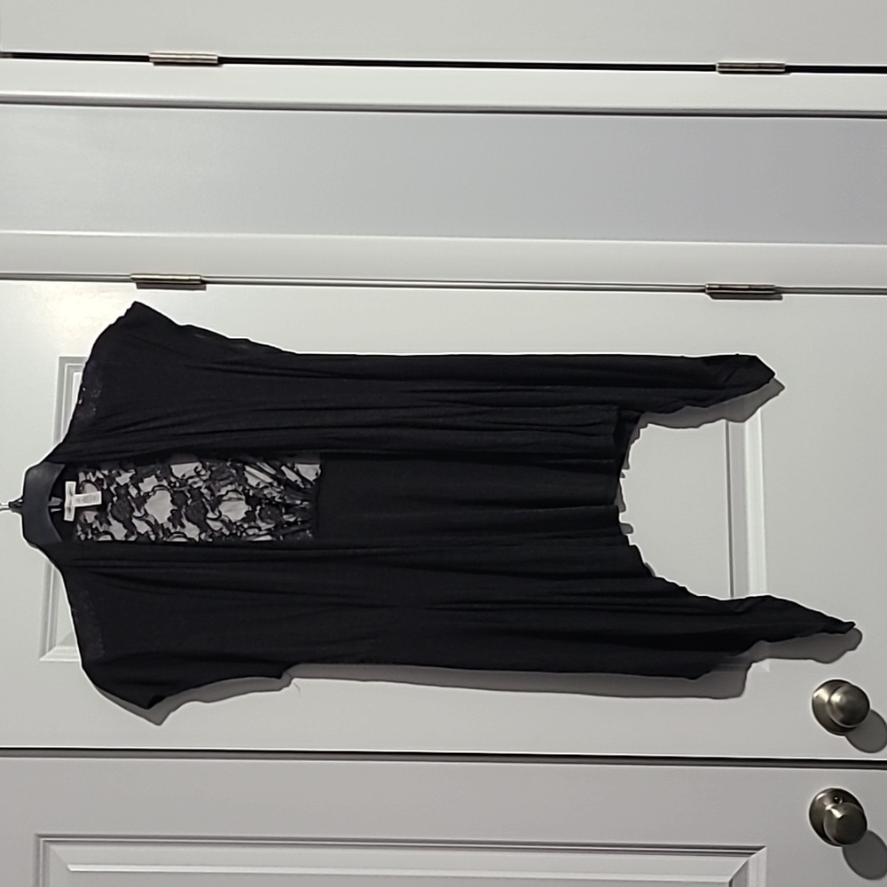Woman's plus size gray and sheer cover up short sleeve sweater